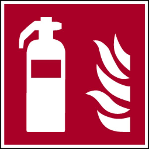 Schilder Klar Brandschutzzeichen Feuerlöscher DIN EN ISO 7010-F001, 100x100x1.5 mm Kunststoff langnachleuchtend, 1581/90