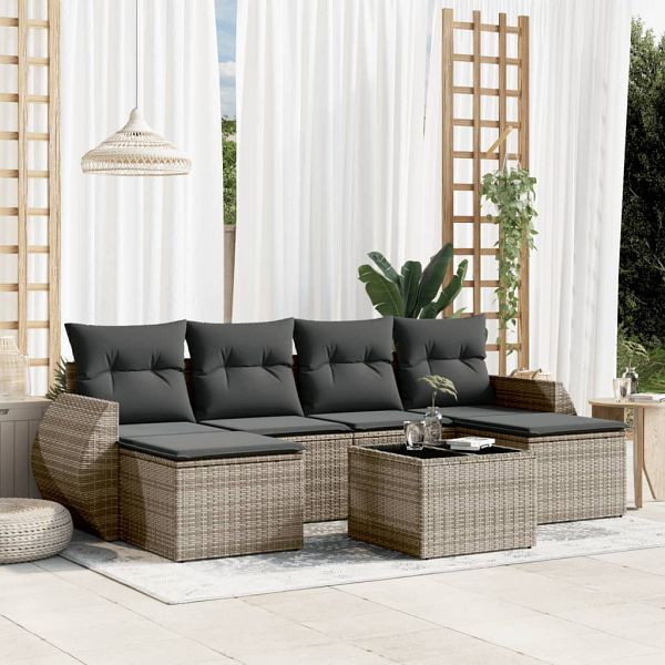 vidaXL 7-tlg. Garten-Sofagarnitur mit Kissen Grau Poly Rattan, 3254067