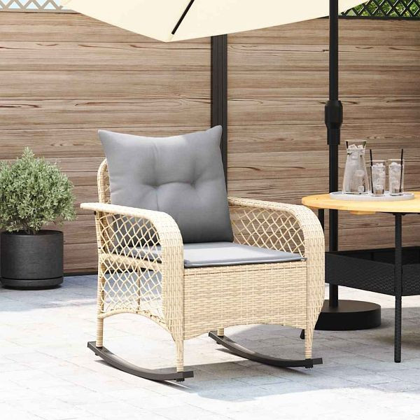 vidaXL Garten-Schaukelstuhl mit Kissen Beige Poly Rattan, 4104196