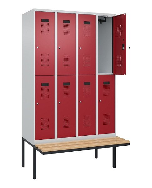 C+P Doppelstock-Spind Evolo PLUS, Bank, 8 Fächer, 2120x1200x815mm, 7035/3003, Zylinderschloss, Sitzfläche Buche-Hartholz, 0493407-40 S10031