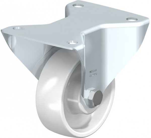 Blickle BK-PO 100XR-3 Stahlblech-Bockrolle, schwere Ausführung, mit Anschraubplatte, Polyamid, Weiß, 440693
