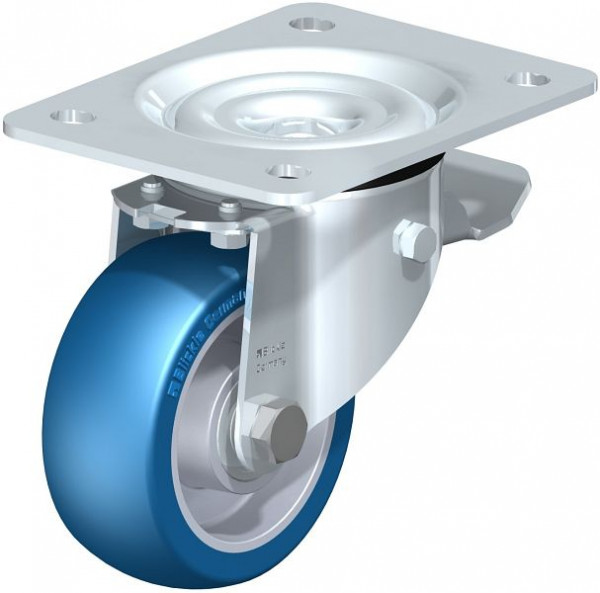 Blickle LK-ALBS 100K-3-ST Stahlblech-Lenkrolle, schwere Ausführung, mit Anschraubplatte & Feststeller, Blickle Besthane® Soft, Blau, 748813