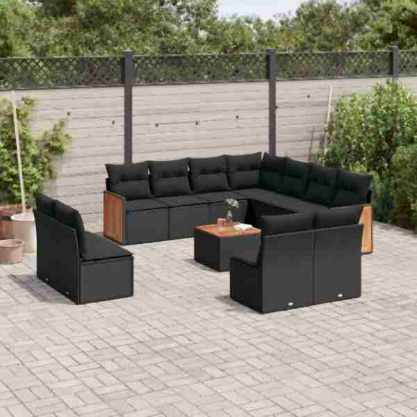vidaXL 12-tlg. Garten-Sofagarnitur mit Kissen Schwarz Poly Rattan, UV-beständig, 3227770