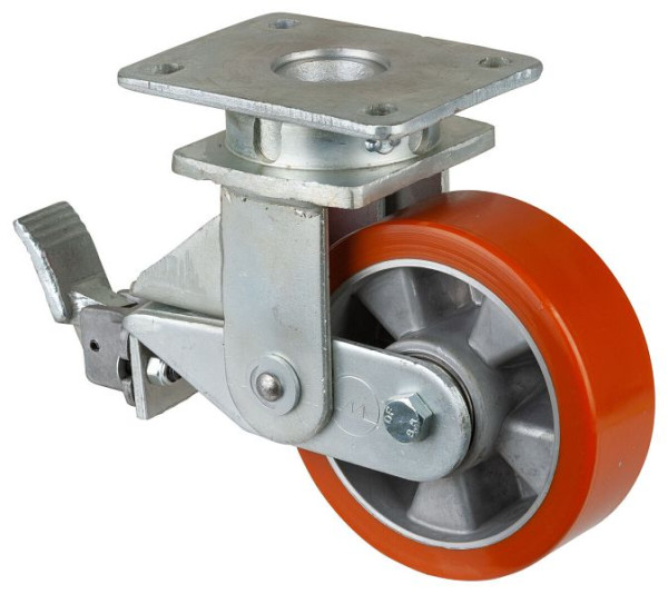 BS Rollen Gefederte Schwerlastrolle mit Feststeller, Breite 50 mm, Ø150 mm, bis 550 kg, Guss-Polyurethan 95 Shore A, Aluminium, Kugellager, T120.B90.150