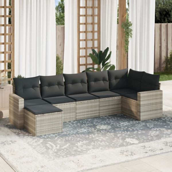 vidaXL 7-tlg. Garten-Sofagarnitur mit Kissen Hellgrau Poly Rattan, 3251619