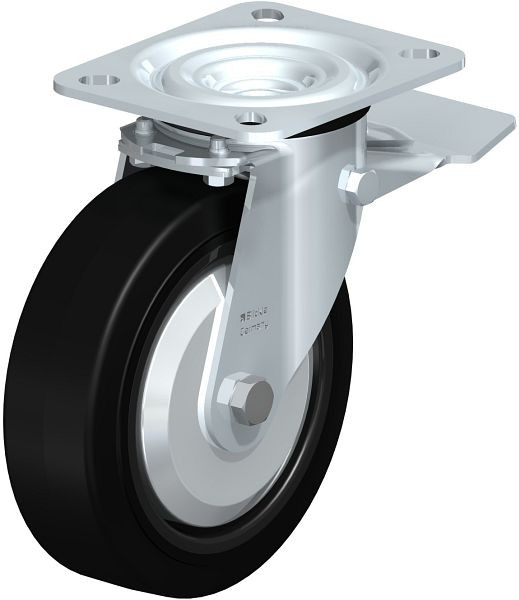 Blickle L-POEV 125KD-ST-FA Stahlblech-Lenkrolle, mittelschwere Ausführung, mit Anschraubplatte & Feststeller, Elastik-Vollgummi, Schwarz, 850577