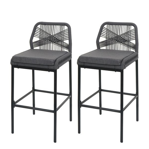 Mendler 2er-Set Rope-Barhocker HWC-O21, Outdoor Sitzpolster Seilgeflecht Metall, anthrazit, Kissen dunkelgrau, 110990