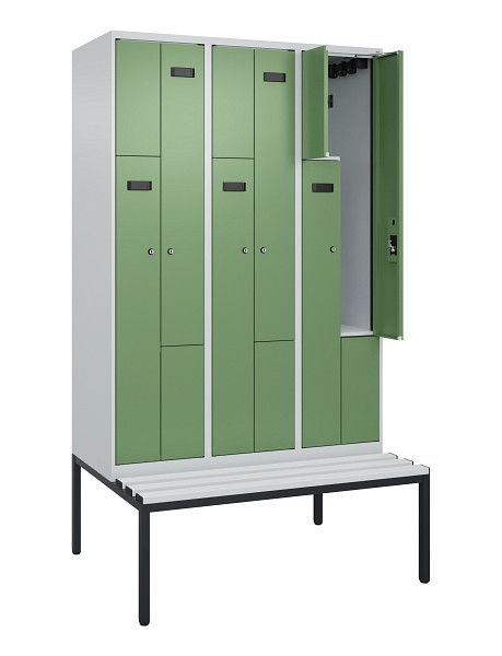 C+P Z-Spind Evolo PLUS, Bank, 6 Fächer, 2120x1200x815mm, 7035/6011, Zylinderschloss, Sitzfläche Kunststoff, Sitzbank, 0490537-326 S10091