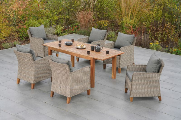 Merxx Avellino Set 7-teilig, 6 Avellino Sessel inkl. Sitzkissen, 1 Ausziehtisch 150 (200) x 90 cm, FSC Akazienholz, 50748-255