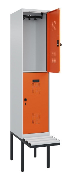 C+P Doppelstock-Spind Evolo PLUS, Bank, 2 Fächer, 2120x400x815mm, 7035/2004, Drehriegel, Sitzfläche Kunststoff, 0493407-12 S10083