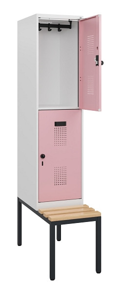 C+P Doppelstöckiger Spind Evolo PLUS, Bank, 2 Fächer, 1950x400x815mm, 9016/3015, Drehriegel, Sitzfläche Buche-Hartholz, Sitzbank, 0493505-12 S10019