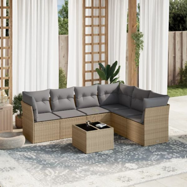 vidaXL 7-tlg. Garten-Sofagarnitur mit Kissen Beige Poly Rattan, 3249528