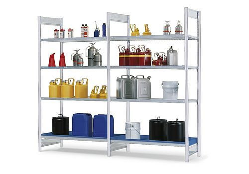 DENIOS Gefahrstoffregal GRG 1060 für entzündbare Stoffe, 1 verzinkt Wanne und 3 verzinkt Gitterroste, Grundfeld, 199560