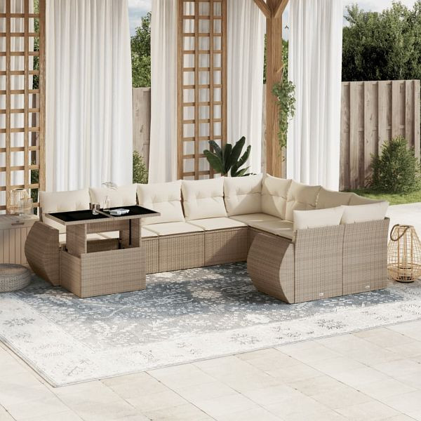 vidaXL 10-tlg. Garten-Sofagarnitur mit Kissen Beige Poly Rattan, 3268768