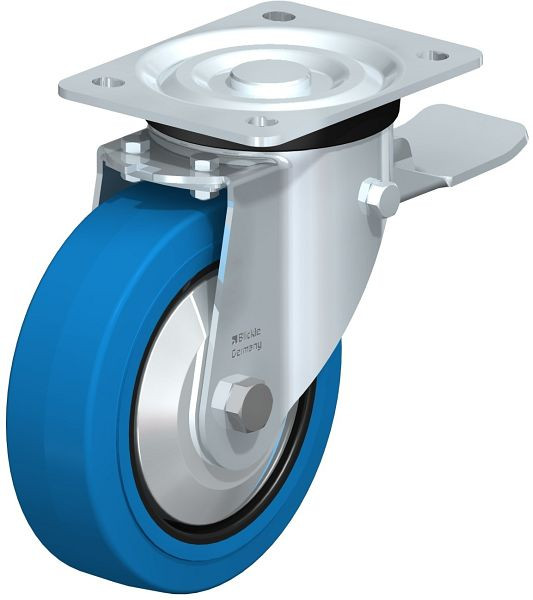 Blickle L-POEV 160R-ST-SB-FA Stahlblech-Lenkrolle, mittelschwere Ausführung, mit Anschraubplatte & Feststeller, Elastik-Vollgummi, Blau, 714303