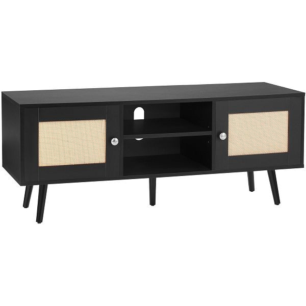 VEVOR Rattan-TV-Ständer, für 140 cm Fernseher, Retro-TV-Ständer, Rattan-TV-Konsole mit verstellbaren Regalen & 2 Türen, Schwarz, TBDSJ47INHSLM9XZQV0