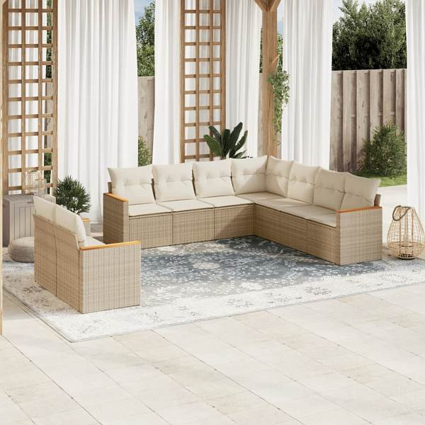vidaXL 9-tlg. Garten-Sofagarnitur mit Kissen Beige Poly Rattan, UV-beständig, 3226100