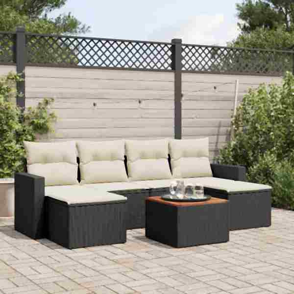 vidaXL 7-tlg. Garten-Sofagarnitur mit Kissen Schwarz Poly Rattan, UV-beständig, 3224243