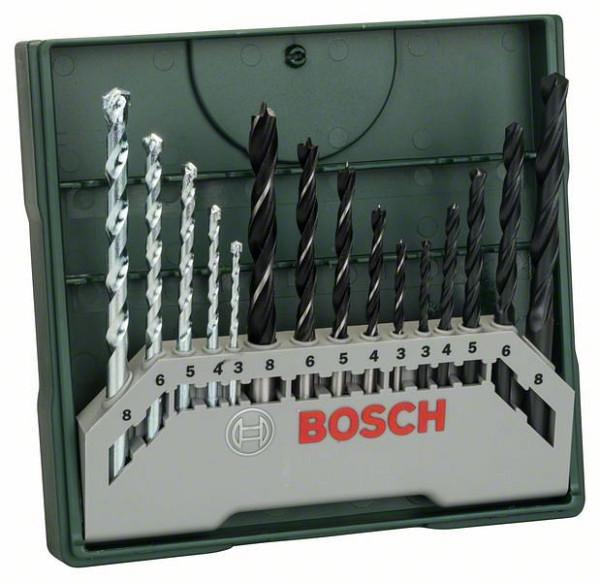 Bosch Mini-X-Line Mixed-Set, 15-teilig, 5 Stein-, 5 Metall-, 5 Holzbohrer, 2607019675