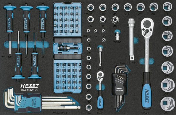 Hazet Werkzeug Satz, Vierkant hohl 6,3 mm, Vierkant hohl 12,5 mm, Sechskant massiv 6,3, Außen-Sechskant-Tractionsprofil, Anzahl Werkzeuge: 106, 163-466/106