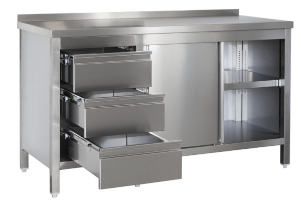 A&S Gastro Edelstahl Arbeitsschrank mit Aufkantung, Schubladenblock links, Türen, Zwischenboden, Tiefe 600mm, AISI 304, 2900 x 600 x 850 mm, ARSASBL296