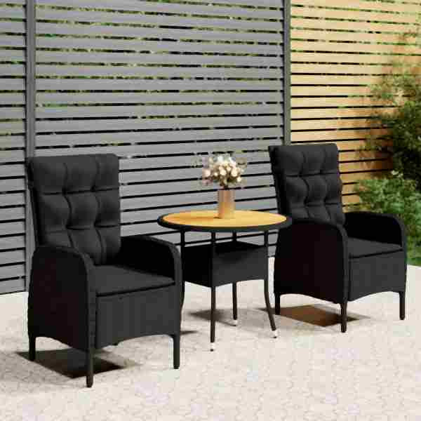 vidaXL 3-tlg. Garten-Bistro-Set Poly Rattan Schwarz, 3058549
