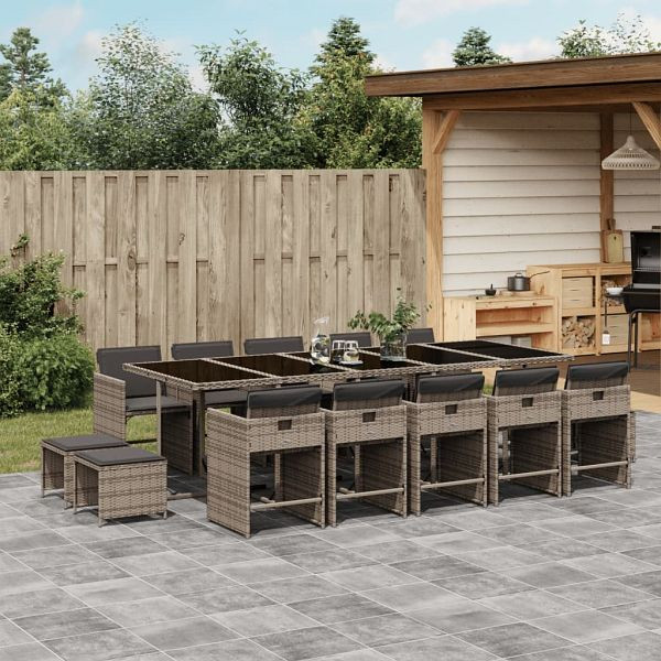 vidaXL 15-teilig Garten-Essgruppe mit Kissen Grau Poly Rattan, 3277939