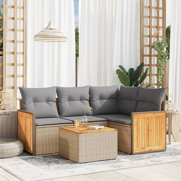vidaXL 5-teilig Garten-Sofagarnitur mit Kissen Beige Poly Rattan, 3227620