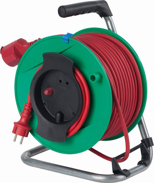 as-Schwabe Sicherheits-Rasenmähertrommel 230mm Ø grün 25m leichte Gummischlauchleitung, H05RR-F 3G1,5 rot mit Schutzkontaktstecker und -Kupplung, 12236