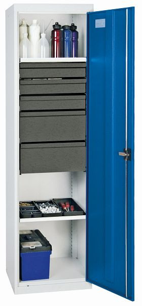 stumpf Werkzeugschrank-Säule, Höhe 180 cm, 2 ausziehbare Wannenböden, 3 Schubladen, 2 hohe Schubladen, lichtgrau / lichtblau, 3005678