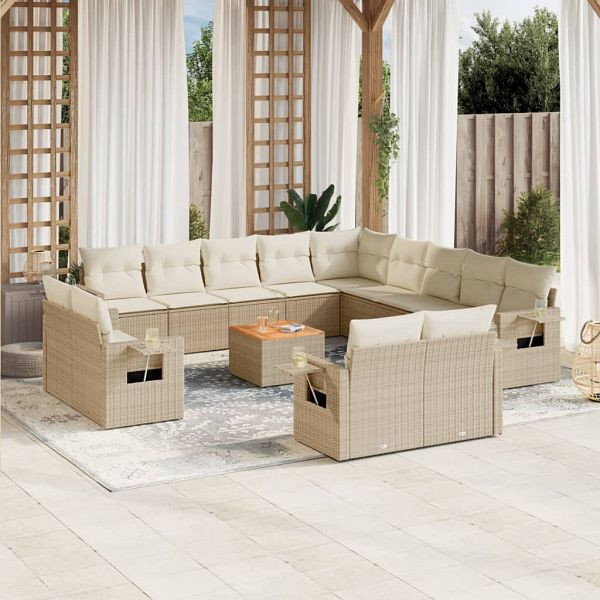 vidaXL 14-teilig Garten-Sofagarnitur mit Kissen Beige Poly Rattan, 3257171