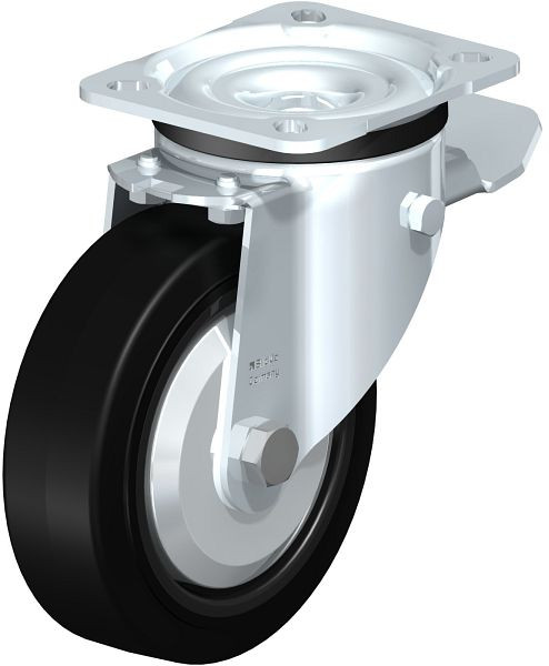 Blickle LK-POEV 125XR-1-ST-FA Stahlblech-Lenkrolle, schwere Ausführung, mit Anschraubplatte & Feststeller, Elastik-Vollgummi, Schwarz, 851070