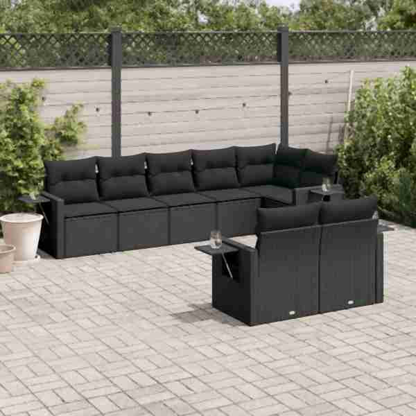vidaXL 8-tlg. Garten-Sofagarnitur mit Kissen Schwarz Poly Rattan, UV-beständig, 3252752