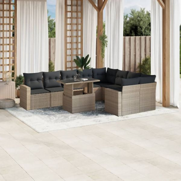 vidaXL 10-tlg. Garten-Sofagarnitur mit Kissen Hellgrau Poly Rattan, 3267502