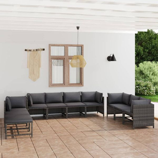 vidaXL 10-tlg. Garten-Lounge-Set mit Kissen Poly Rattan Grau, 3059774