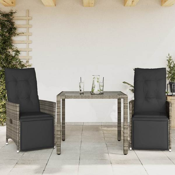vidaXL 3-tlg. Garten-Bistro-Set mit Kissen Grau Poly Rattan, UV-beständig, 3276893