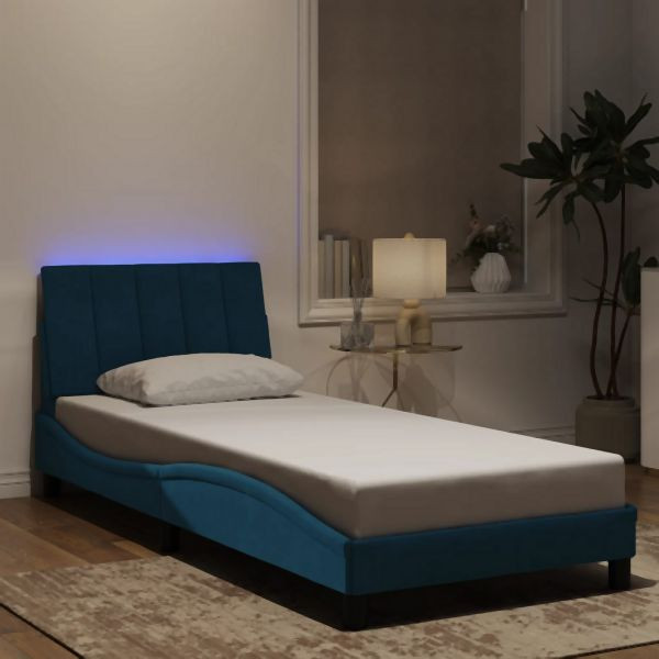 vidaXL Bettgestell mit LED-Leuchten Blau 90x200 cm Samt, 3213761