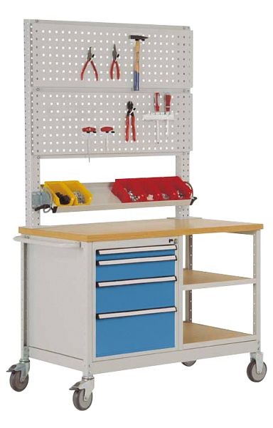 Manuflex Mobile Werkbank Modell 6 mit geölter Multiplex-Abdeckplatte 30 mm BxTxH 1135 x 590 x 810 mm, lichtblau, MW2033.5012