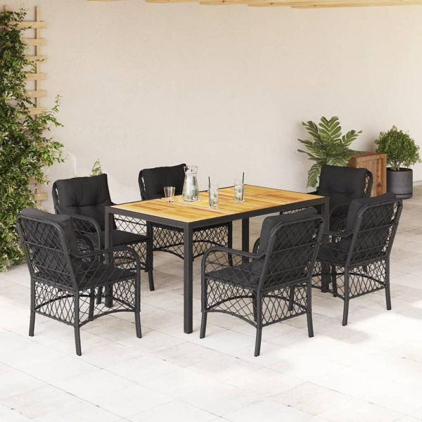 vidaXL 7-teilig Garten-Essgruppe mit Kissen Schwarz Poly Rattan, 3212045