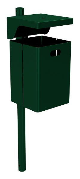 Schake Abfallbehälter -eckig- mit Dach, inklusive Ascher, feuerverzinkt und beschichtet RAL 6005, mit Standpfosten Ø60x1300mm, 4135B