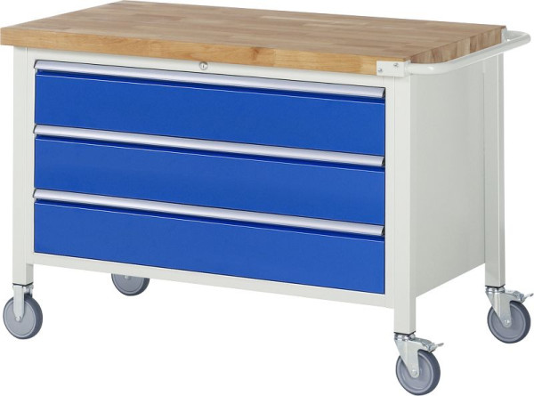 RAU Fahrbare Werkbank 8000 - Modell 8357, B1250 x T700 x H880-1080 mm, mit 3 Schubladen, 15-8357A2-127B4H.11
