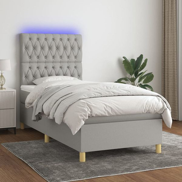vidaXL Boxspringbett mit Matratze & LED Hellgrau 100x200 cm Stoff, 3135653