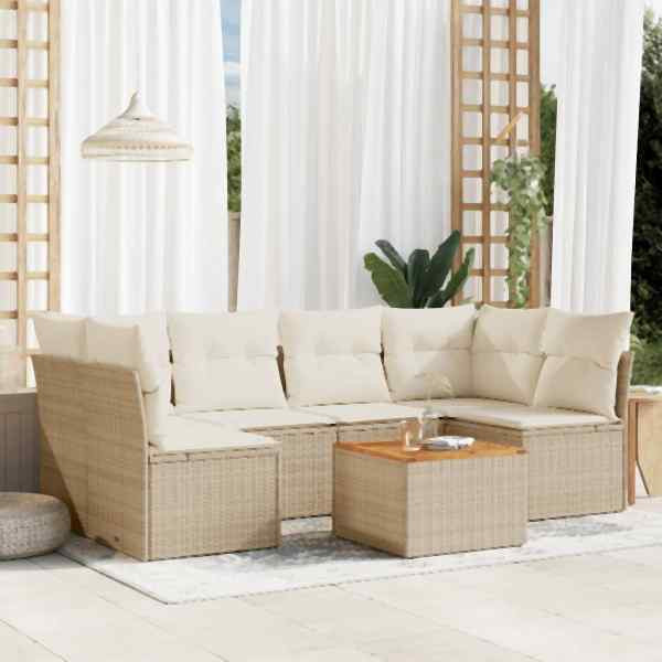 vidaXL 7-tlg. Garten-Sofagarnitur mit Kissen Beige Poly Rattan, UV-beständig, 3255890