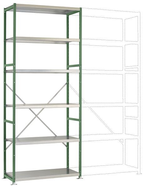Manuflex Mittelschweres Fachboden-Steck-Grundregal mit 6 Stahlböden, HxBxT = 2500 x 1030 x 300 mm, resedagrün, RP1317.6011