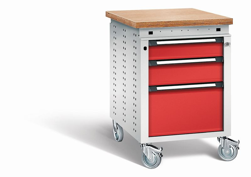 Otto Kind Werkbank Serie function Typ 152 fahrbar, Multiplexplatte, bündig, 3 Schubladen, Zentralverschluss, Gehäuse RAL 7035, Front RAL 3000, 072379134