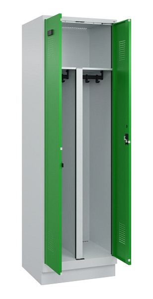 C+P PSA Schwarz-Weiß-Spind Evolo PLUS, mit Sockel, 2 Abteile, 1950x600x500mm, 70, Frontfarbe RAL 6037 Reingrün, Zylinderschloss, 049022-20P S10038