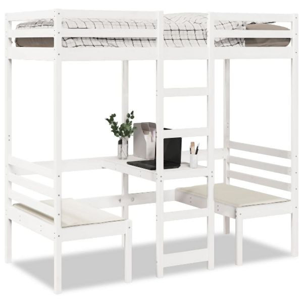 vidaXL Hochbett mit Schreibtisch & Stühlen Weiß 80x200 cm Kiefernholz, 3308557