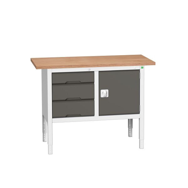 bott verso Kastenwerkbank mit einstellbarer Arbeitshöhe und Schubladenschrank mit 3 Schubladen, 1250x600x830-930mm, Lichtgrau/Anthrazitgrau, 16923003.19