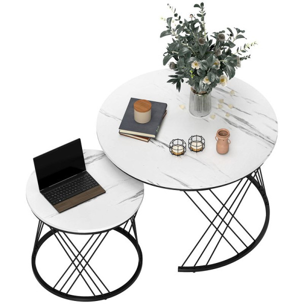 HOMCOM Couchtische im 2er-Set, Marmoroptik, Spanplatte, Metall, runde Kaffeetische für Wohnzimmer, 83B-387V00WT