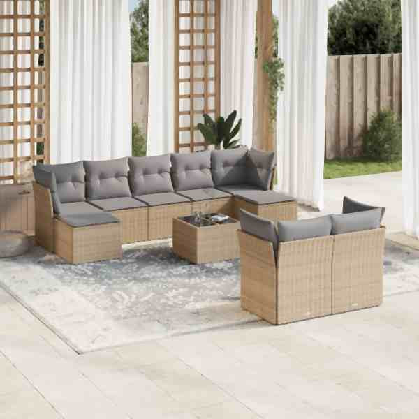 vidaXL 10-tlg. Garten-Sofagarnitur mit Kissen Beige Poly Rattan, UV-beständig, 3218319